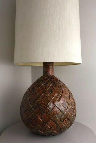 Large Vintage Mid Century Danish Modern Ceramic Drip Glazed Basket Weave Lamp