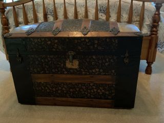 Antique 19c.  Dome Top Pressed Tin Steamer Trunk