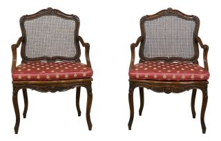 L44485ec: Pair French Louis Xv Style Cane Back Open Arm Chairs