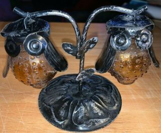 Vintage Salt Pepper Shakers Set Hanging Owl Hobnail Amber Glass Tin Tree
