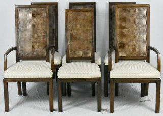 Set Of 6 Henredon Walnut Cane Back Dining Chairs With Upholstered Seats