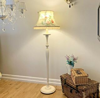 Vintage Shabby Chic Antique Standard Floor Lamp With Chintz Shade.