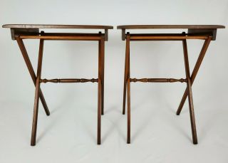 Vintage Solid Walnut Wood Folding Tv Trays Snack Tables Mid - Century Set Of 2