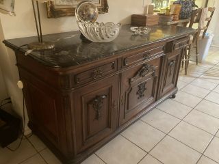 Antique Buffet,  Carved Wood And Black Marble Countertop,  Locking Doors/drawers