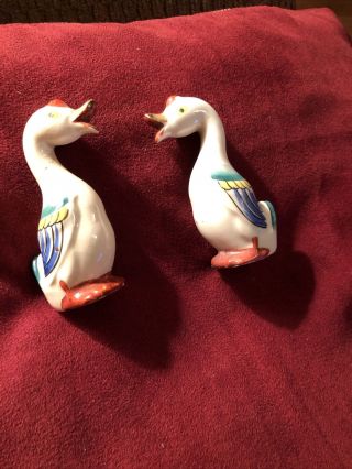 Set Of Colorful Duck Geese Salt & Pepper Shakers With Gold Beaks Made In Japan