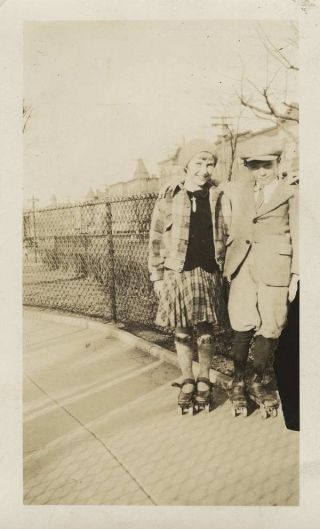 Vintage Photo Boy & Girl Pose Wearing Roller Skates 1920s - 30s