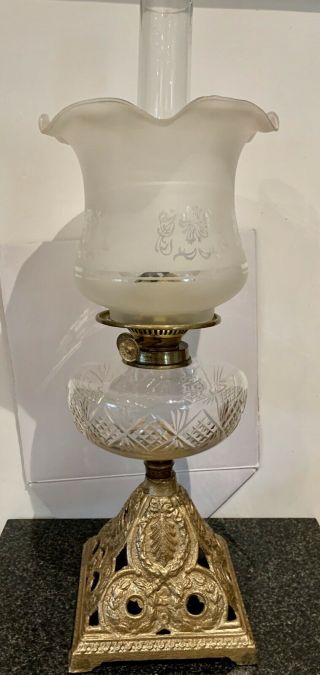 Antique Oil Lamp Cut Glass Font Cast Iron Base Duplex Burner Etched Shade