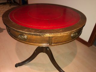 Antique Regency Style Red Tooled Leather Top Carved Mahogany Lamp Drum Table