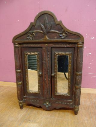 Antique Miniature French Carved Pine Armoire Jewellery Trinket Cabinet