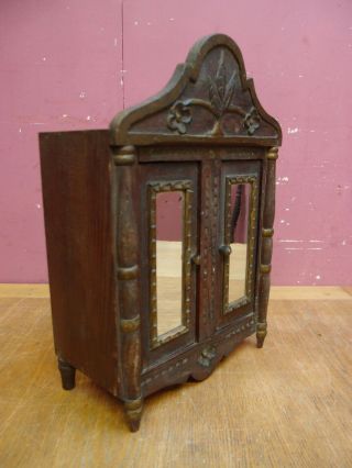 ANTIQUE MINIATURE FRENCH CARVED PINE ARMOIRE JEWELLERY TRINKET CABINET 2