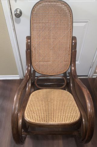 Vintage Rattan Bentwood Rocker Rocking Chair Thonet Style Dark Brown Wicker Back