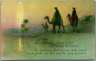 Vintage Christmas Postcard 3 Wise Men / Camels " Greetings & Good Wishes " C1910s