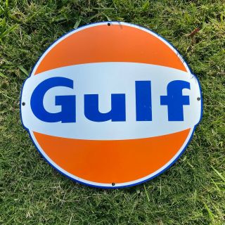 Vintage “gulf” Service Station 12” Porcelain Metal Gasoline & Oil Concave Sign