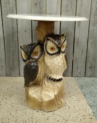Xlnt Signed Vintage Mid Century Chalkware Owl Side End Lamp Table Marble Top