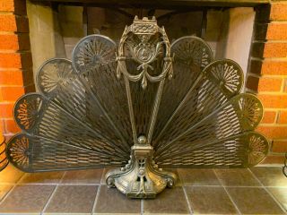 Vintage Antique Ornate Brass Fireplace Folding Fan Screen Peacock Style