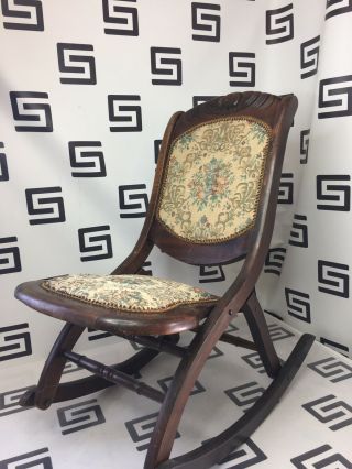 Antique Vintage Foldable Wood Rocking Chair Rocker Victorian Tapestry Wooden Vtg
