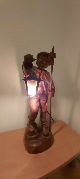Antique Vintage Black Forest ? German ? Hand Carved Wooden Night Watchman Lamp