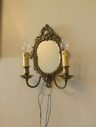 Vintage French Rococo Style Ormolu Mirror & Double Light Wall Sconce