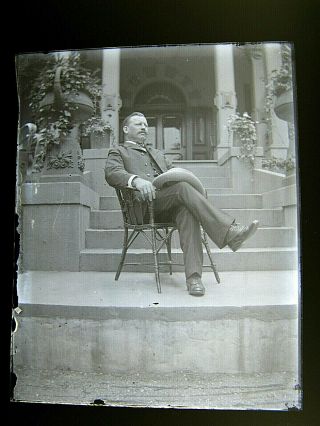 Antique Glass Plate Photograph Negative - Victorian Man In Porch Chair