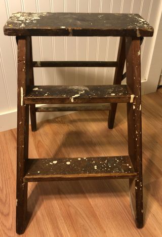 Vintage Wood 2 Step Ladder Stool Primitive Decor 20 " Folding Rustic
