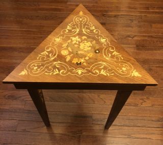 Vintage Italian Triangular Inlaid Wood Musical Jewelry Box / Side Table 3 Legs