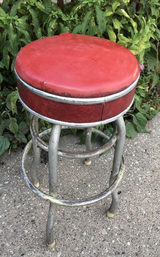 Vintage 30 " Cosco Swivel Bar Stool Seat Chrome & Red Vinyl Steampunk Retro Decor