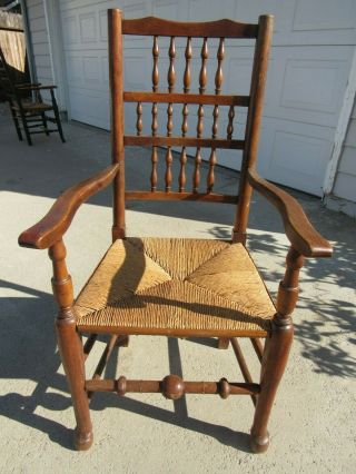Rare 18th Century Early American Cherry William And Mary Arm Chair W/ Rush Seat