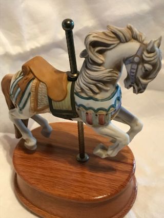 Vintage (1986) Porcelain Carousel Horse With Music Box Wood Base.  Pre - Owned