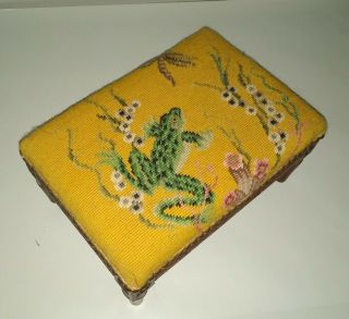 Vintage Needlepoint Footstool Frog Dragon Fly Mustard Yellow Wood Carved Legs.