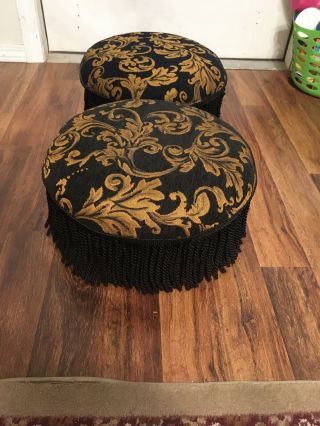 Pair Victorian Foot Stool Rest With Wood Legs Fringe Black And Gold Vintage
