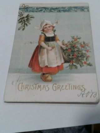 Vintage Christmas Postcard - Dutch Girl With Basket Of Flowers - 1908 Baltimore