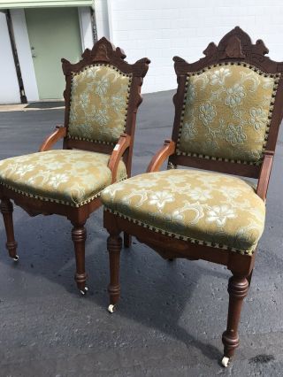 Pair Victorian Walnut Parlor Upholstered Chairs C.  1850 E