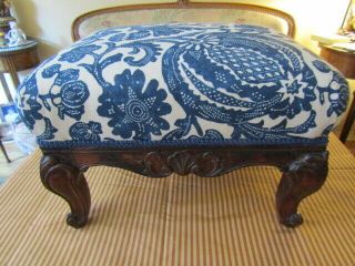 Small Antique French Hand Carved Wood Foot Stool W/ Blue & Cream Upholstery