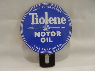 Vintage Tiolene Motor Oil The Pure Oil Co.  Porcelain 2 - Pc License Plate Topper
