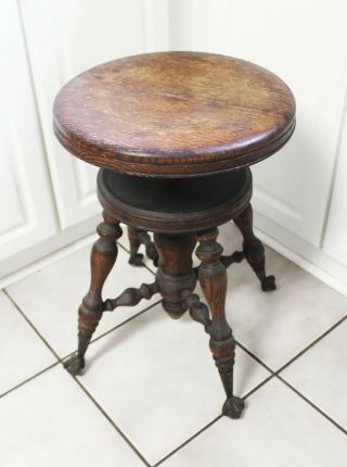 Antique Solid Tiger Oak Piano Stool With Metal Claw And Glass Feet Fresh Estate