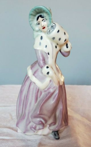 Vintage Ceramic Lady Figurine With Polka Dot Hand Muff / Bonnet 7 " Woman