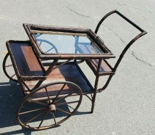 Antique Brothers? Wicker Tea Cart With Glass Tray Circa 1900 - 20 