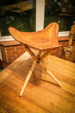 Vintage - Folding Tripod Stool - Wooden Bamboo Legs - Leather Seat - Unique