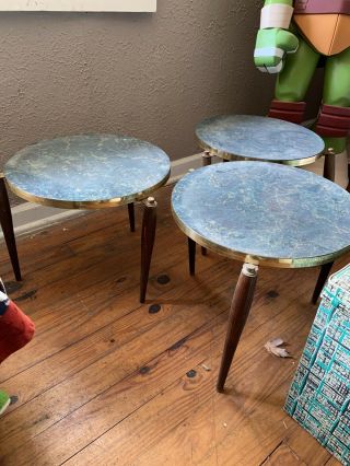 3 Mid Century Modern Round Tile Walnut Brass Nesting Stacking Tables Green Mcm