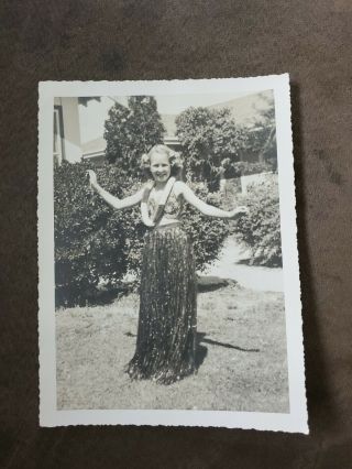 Pretty Young Daughter Woman Hula Girl Costume Lawn 1930s Vintage Photo B & W