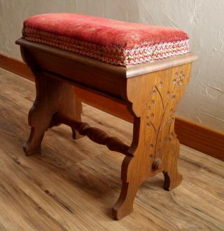 Antique Victorian 19th C.  Spoon Carved Red Velvet Piano Bench,  Seat Compartment