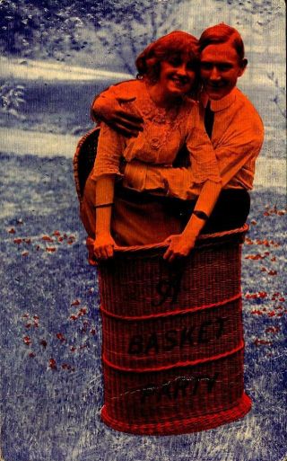 Vintage Postcard - " A Basket Party " Romantic Couple In A Basket Bk26