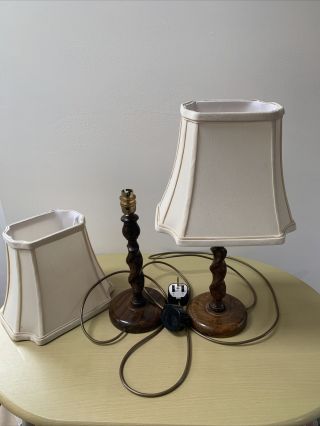 Vintage Wood/wooden Barley Twist Table Lamp - Two Lampshades