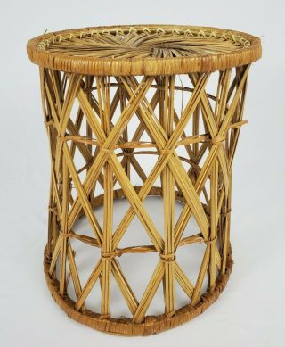 Vintage Bamboo Rattan Accent Table Plant Stand Bohemian Mid - Century