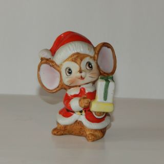 Ceramic Santa Christmas Mouse Figurine Holding A Gift,  Homco 5405