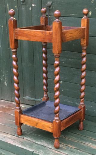 Fab Antique Oak Barley Twist Brolly Stand Or Stick Stand With Drip Tray