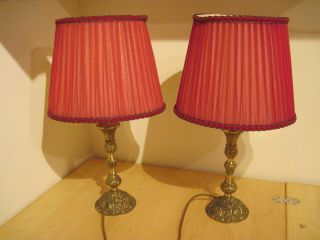 Vintage Pair Ornate Brass Bedside Table Lamps With Red Shades