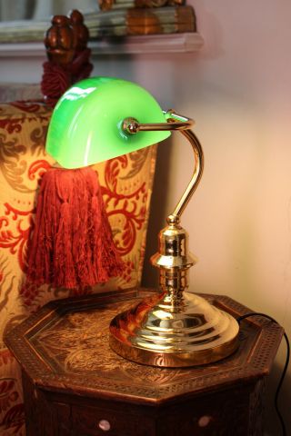 A Good Quality Vintage Brass And Green Glass Banker 