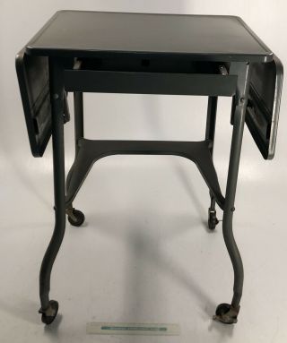 Vintage Industrial Typewriter Table W/ Drawer Drop Leaf Metal Rolling