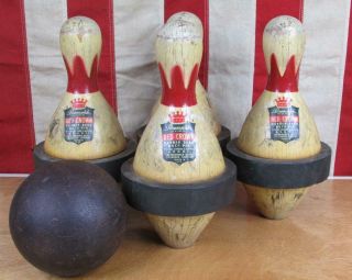 Vintage 1930s Brunswick Duck Pin Bowling Wood Rubber Band Pins W/ Ball Antique 2